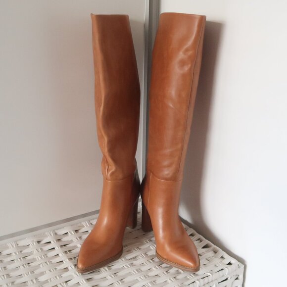 Nine West Tan Leather Knee High Boots Block Heel Pointed Toe Riding Boots Size 6 - Picture 6 of 11
